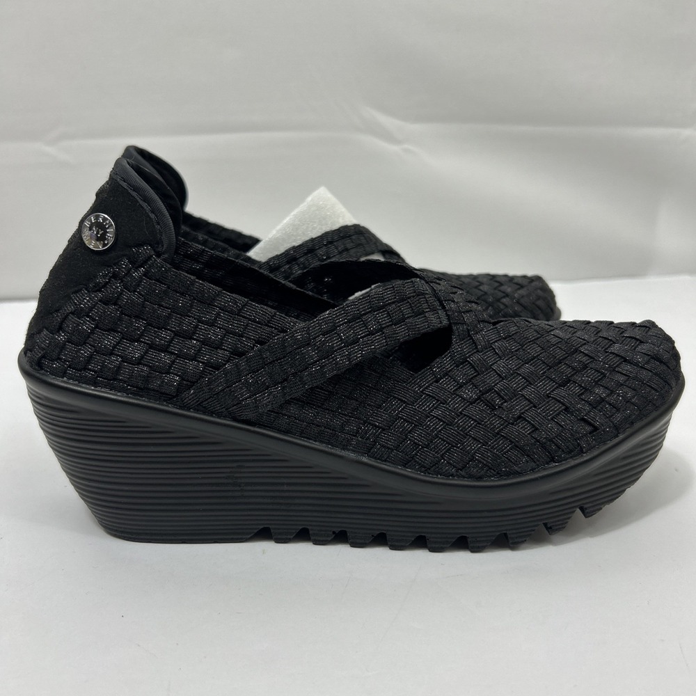 Bernie Mev Black Woven Mary Jane Comfort Wedge Shoes Women's Sz 8.5 Minimalist